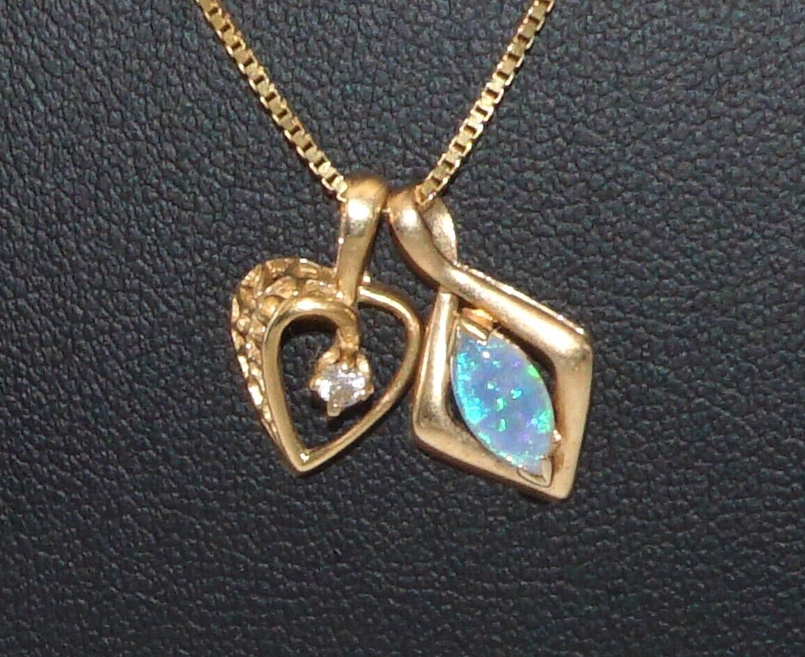 14k Yellow Gold Box Chain Necklace 20" & 2 Pendants 1 w Opal & 1 w Diamond (NeW)