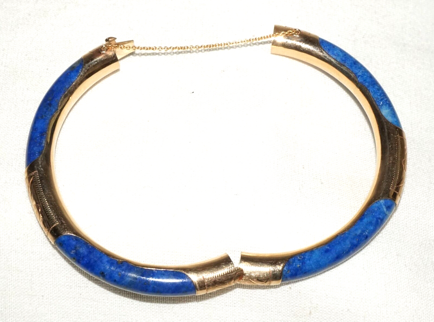 Vintage Chinese 14k Yellow Gold & Sodalite Hinged Bangle Bracelet (InS)#L1