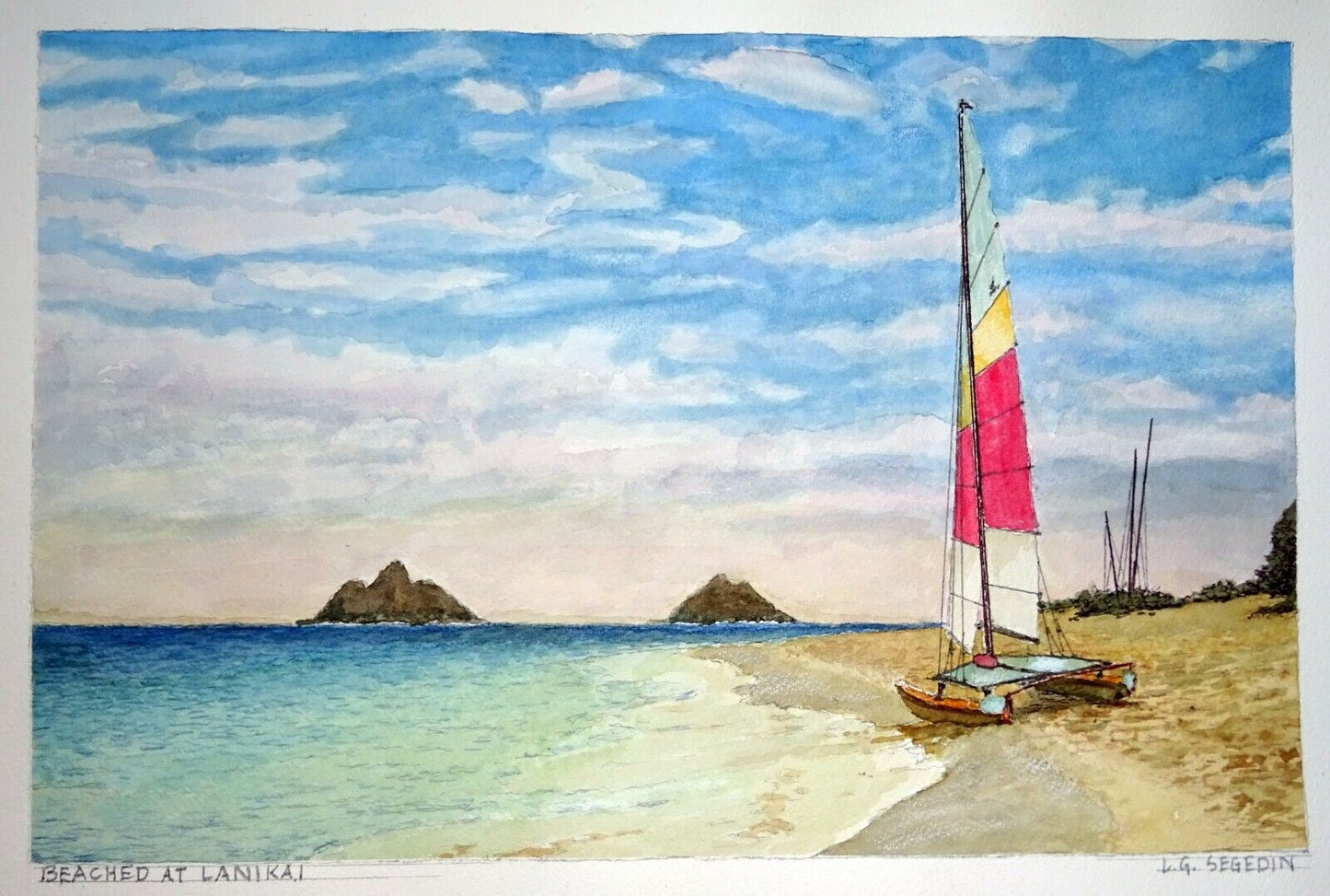 Hawaii Watercolor Painting "Hobie Cat Beached at Lanikai Beach" L. Segedin #148