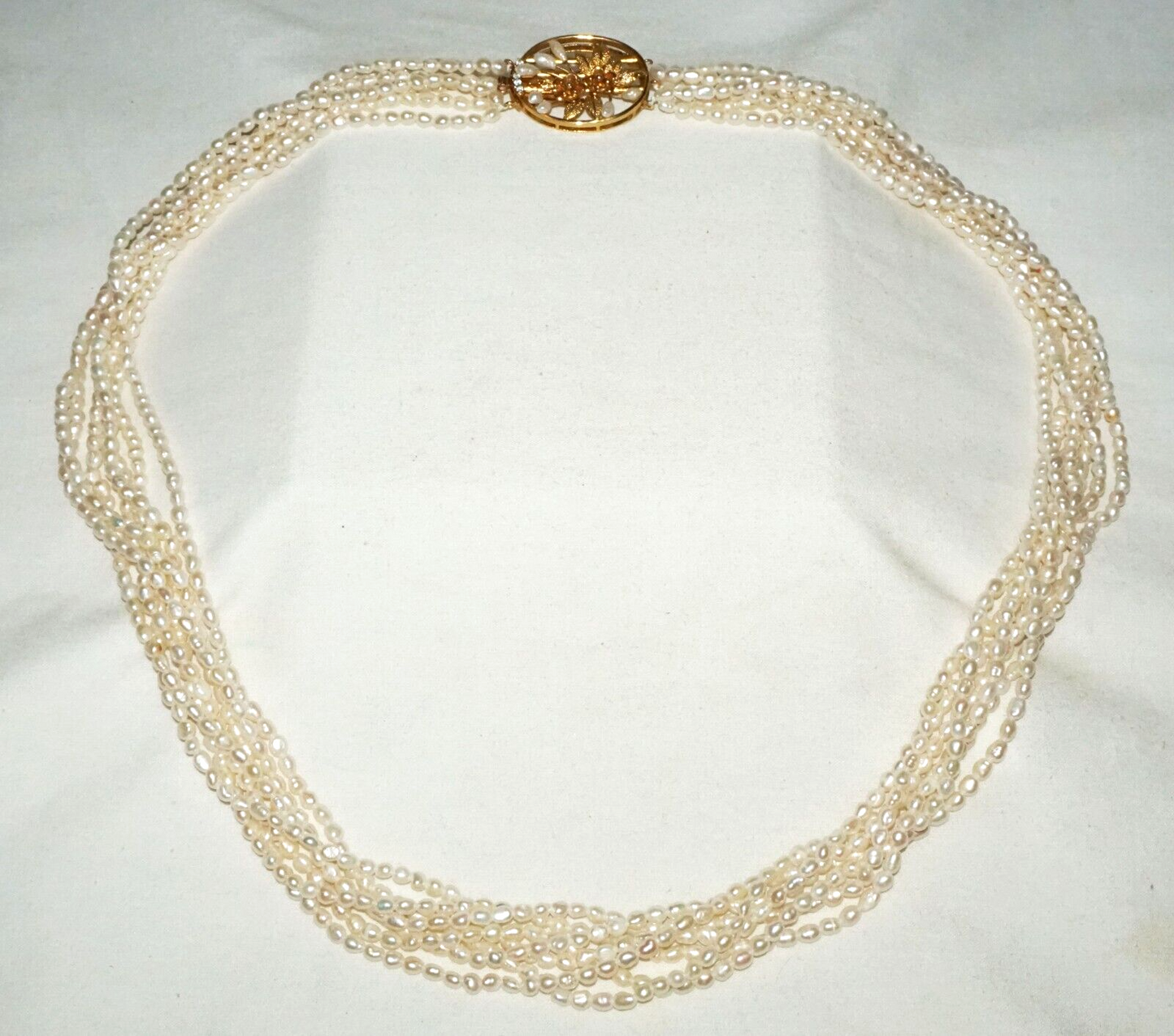 Vtg. 7x Strand Mini Baroque Pearl Necklace w. Gold Plated Floral Clasp (GoB) #20