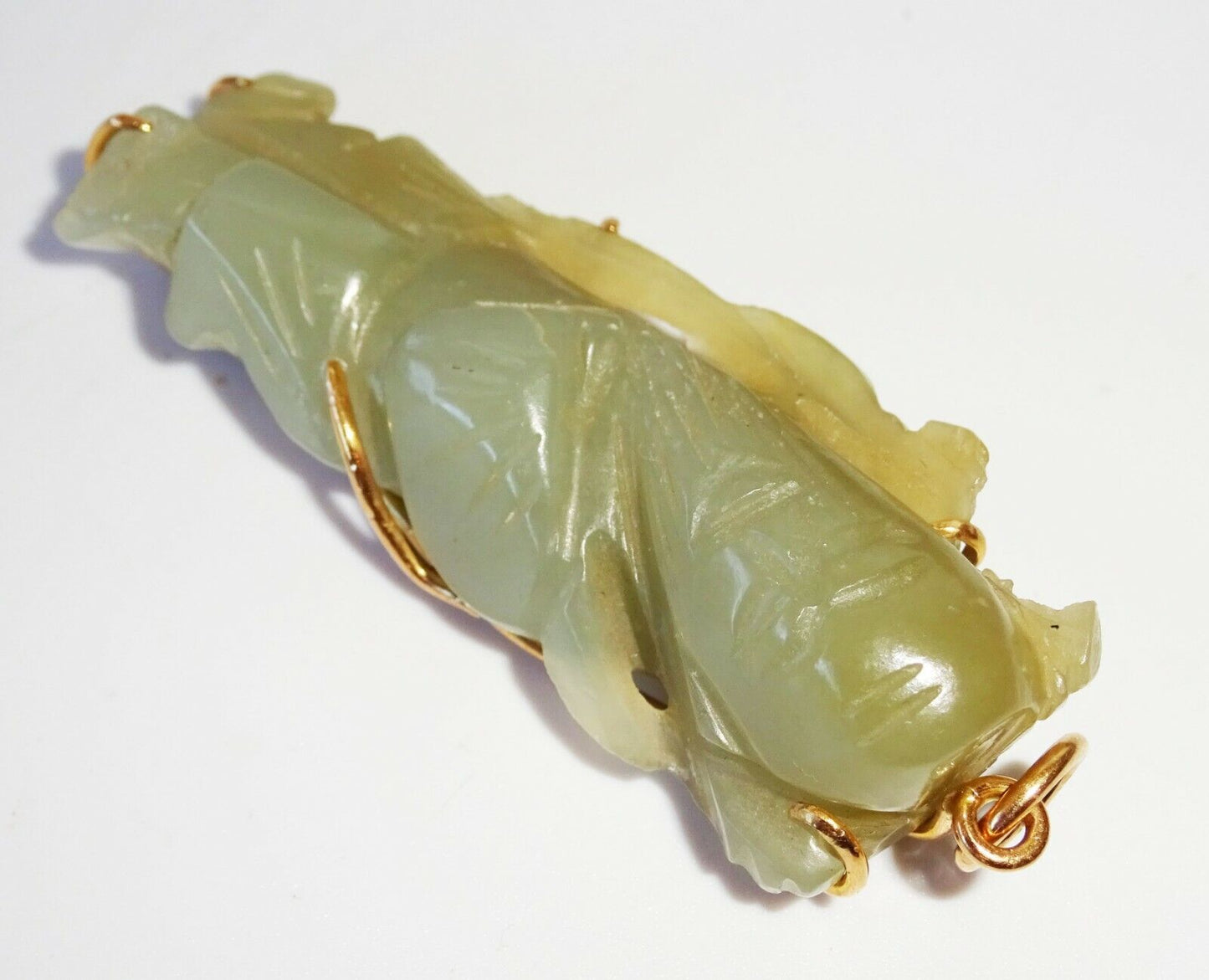 19C Chinese Nephrite Jade Carved 14K Yellow Gold Pendant God Long-life (FeO)#28