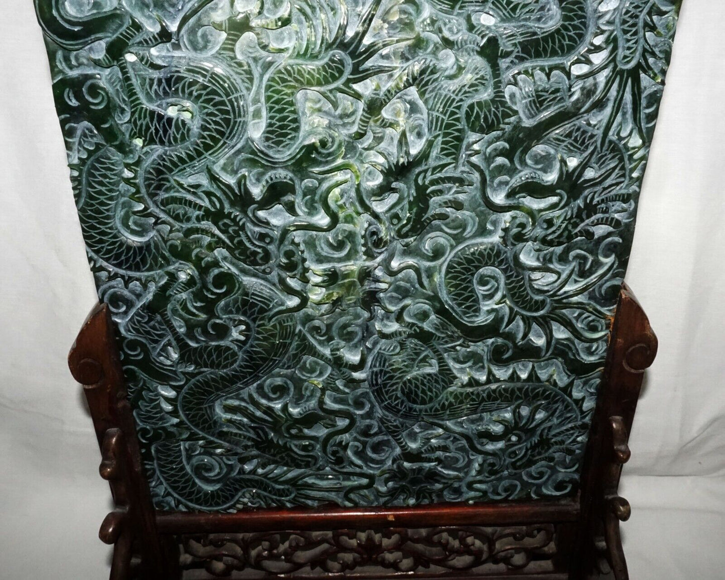 Vintage Chinese Nephrite Jade Table Screen w. Relief Writhing Dragon Stand (LeD)