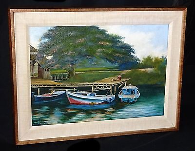 1930s Hawaii Koa Framed Oil Painting Boats on a Dock by Lloyd Sexton (Geo)