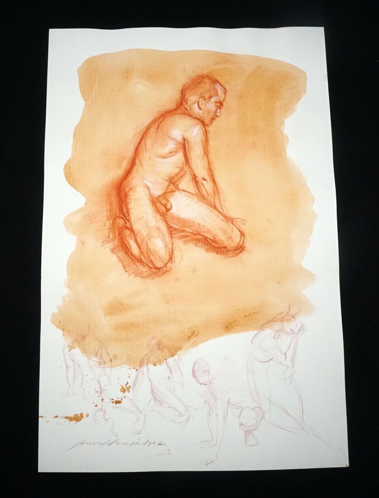 Hawaii Conte Color Wash Drawing Painting Male Nude by Snowden Hodges (Sho)#26