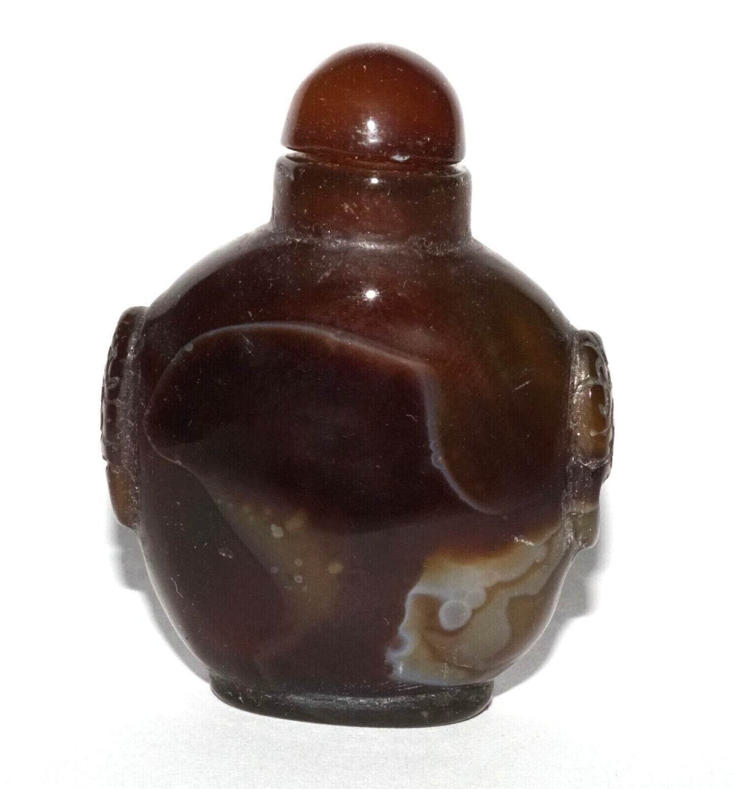 Vintage Chinese Brown & White Agate Carved Snuff Bottle w Mask Handles (LeS) G12