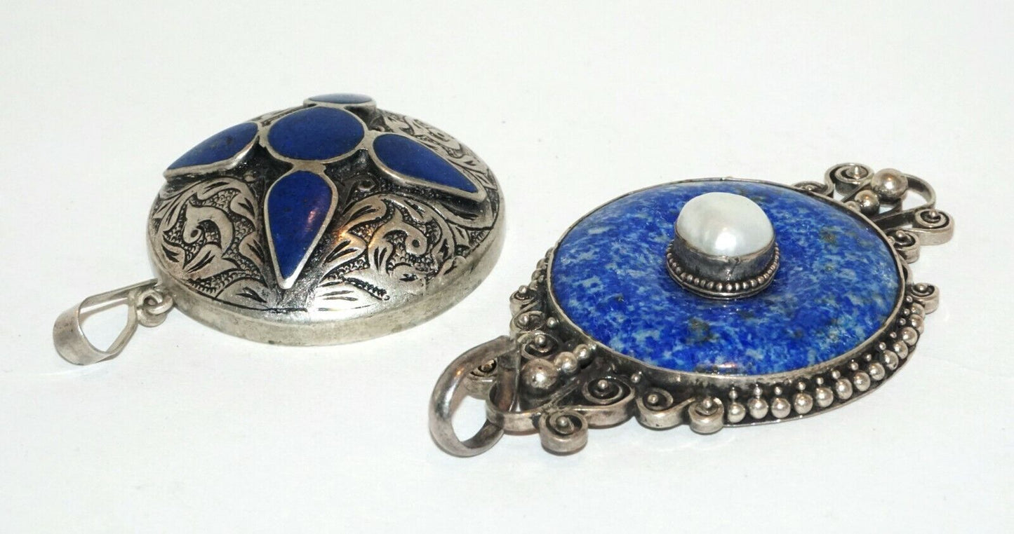 2Pc Vintage Sterling Silver Pendants w. Lapis Lazuli & Sodalite & Pearl (HaL)#18