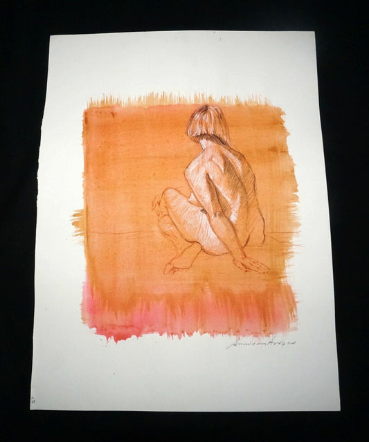 Hawaii Mixed Media Wash Painting Seated Female Nude Back Snowden Hodges(Sho)#144