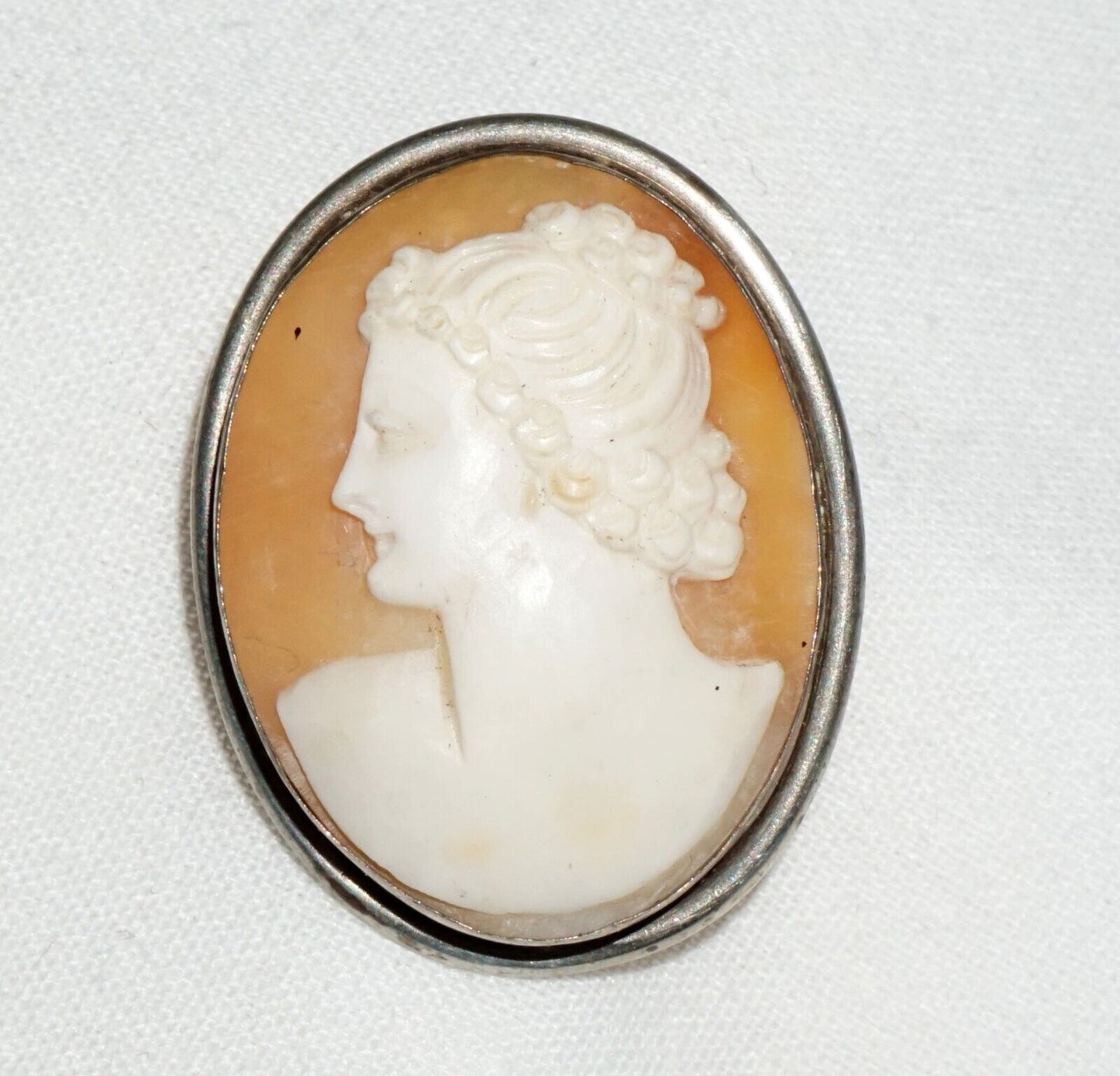 Vintage 900 Silver Shell Cameo Brooch Pendant w. Female Bust Motif (BiB)