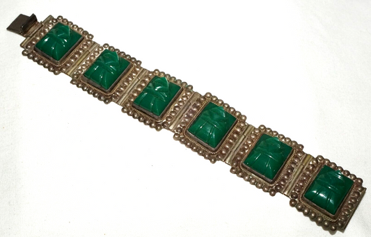 Vtg Mexican Modernist Sterling Silver & Green Synthetic Accents Bracelet (TuD)