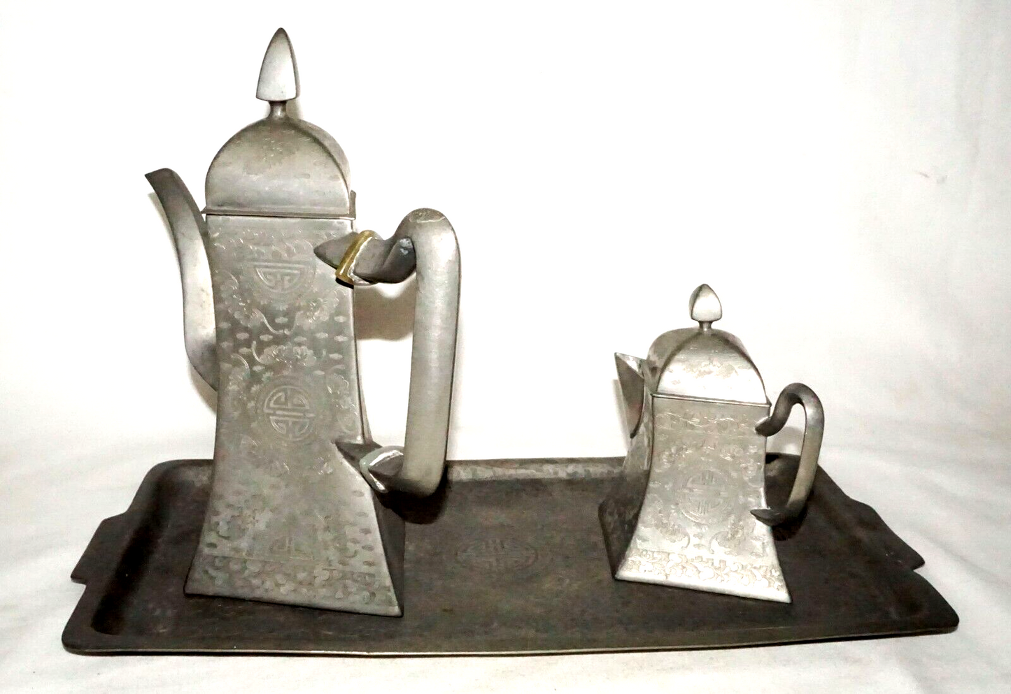 3Pc Vintage Chinese Pewter Pot & Creamer on Tray w. Bat & Happiness Motifs (GoB)