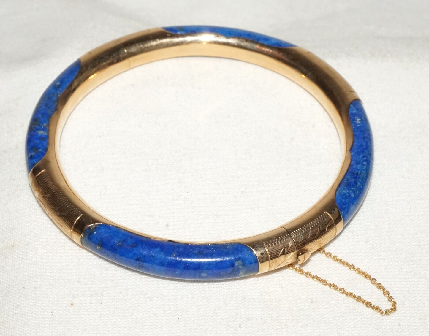 Vintage Chinese 14k Yellow Gold & Sodalite Hinged Bangle Bracelet (InS)#L1