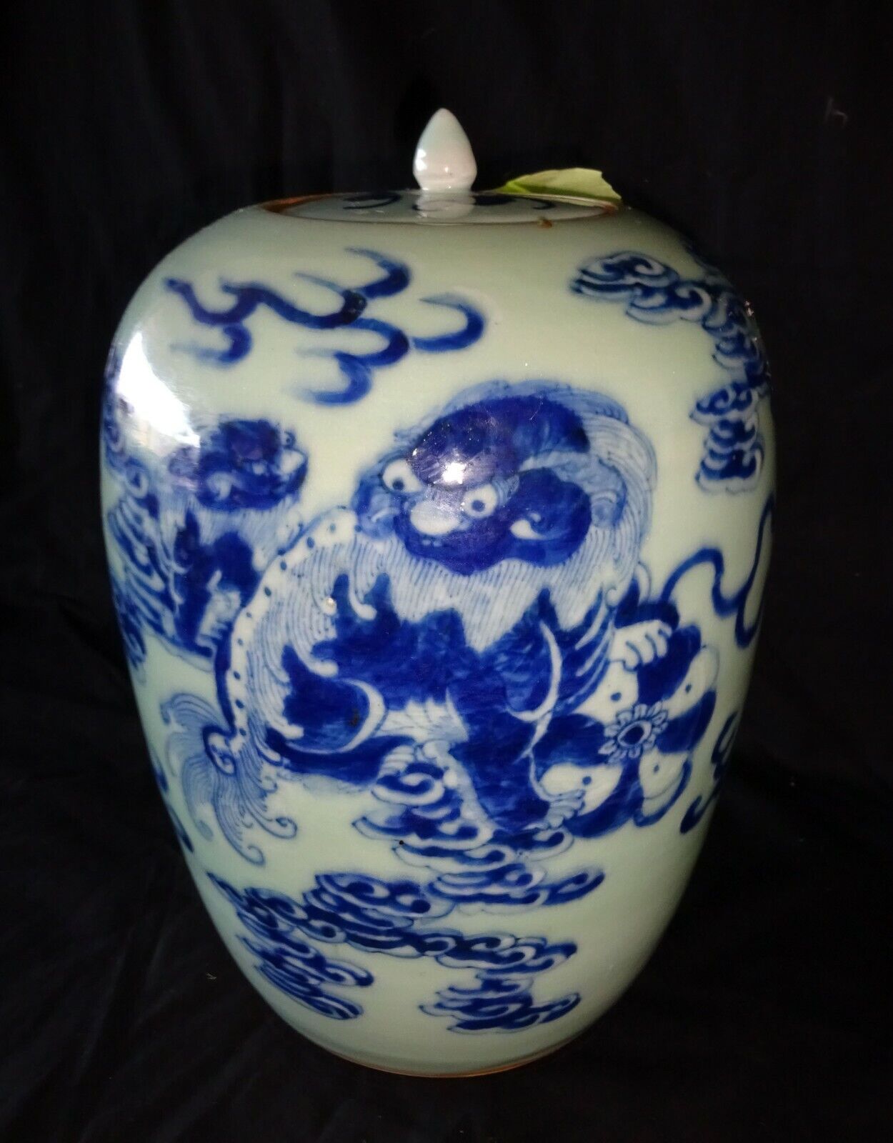 19C Chinese Large Porcelain Covered Jar B&W Lion Dog & Cloud Motif (HeN)#8 IC