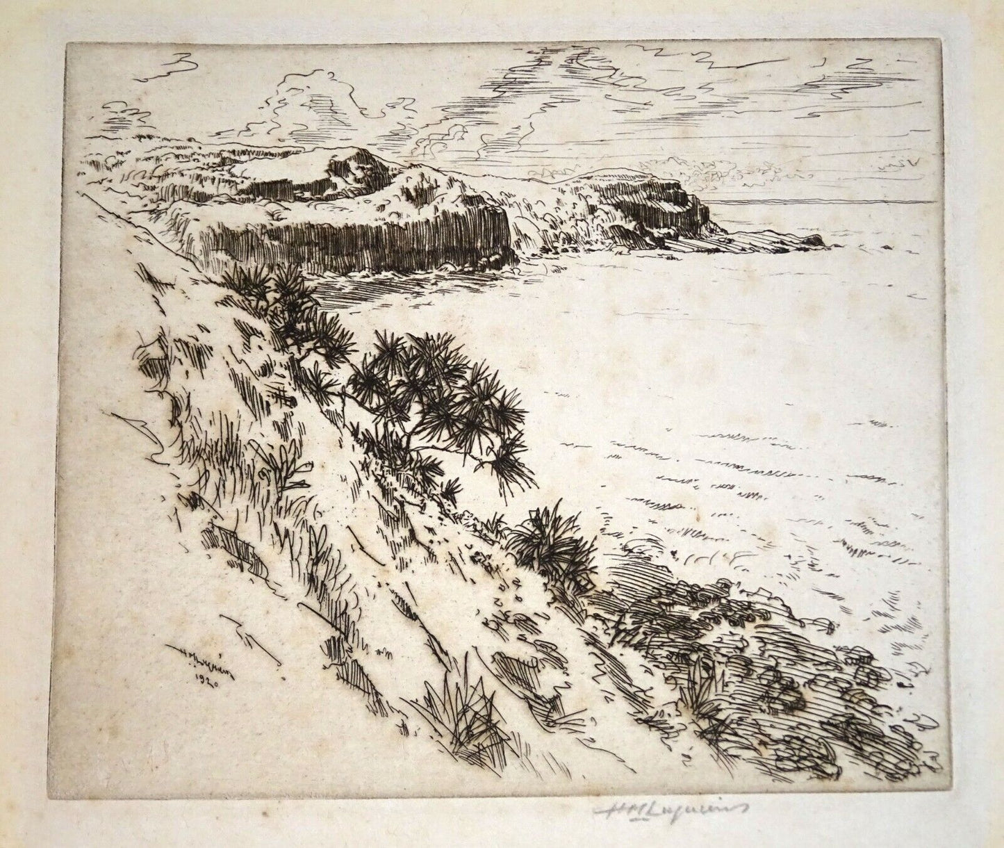 1920 Hawaii Etching Print "Cliffs at Kalihiwai, Kauai" by Huc M. Luquiens (ThB)