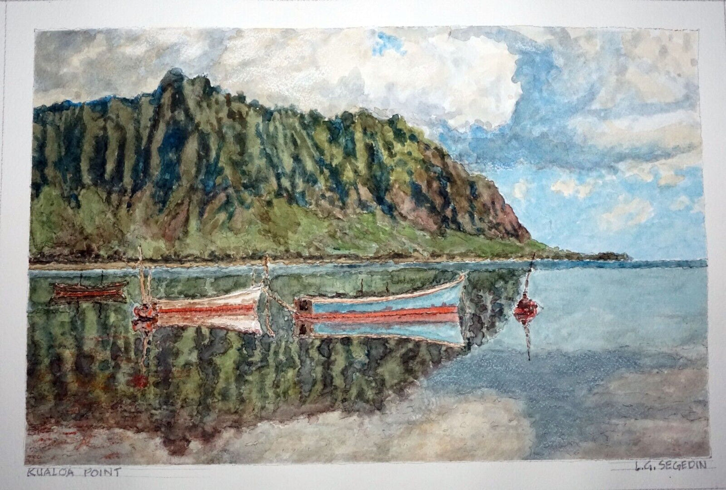 Hawaii Watercolor Painting Kualoa Point with Fishing Boats by Larry Segedin #191