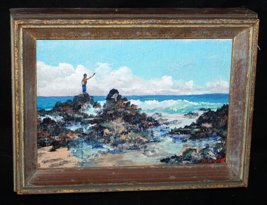 1970s Hawaii Framed Mini Oil Painting "Figure on Oceans Edge" by Bennett (FeH)