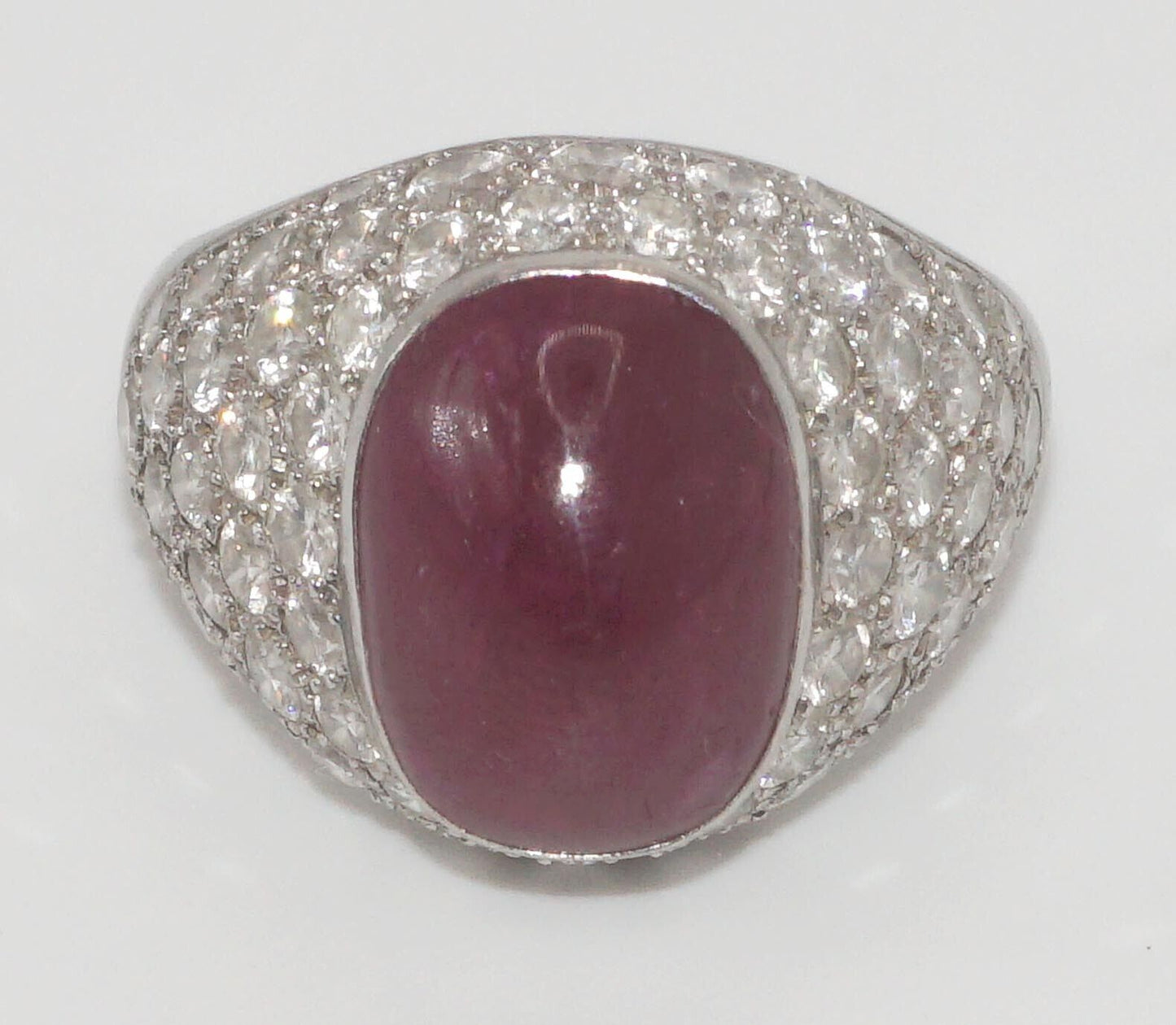 Vintage Platinum Ring w Ruby Cabochon & Diamond Pave-Set Dome Sz. 9 1/2 (LeD)