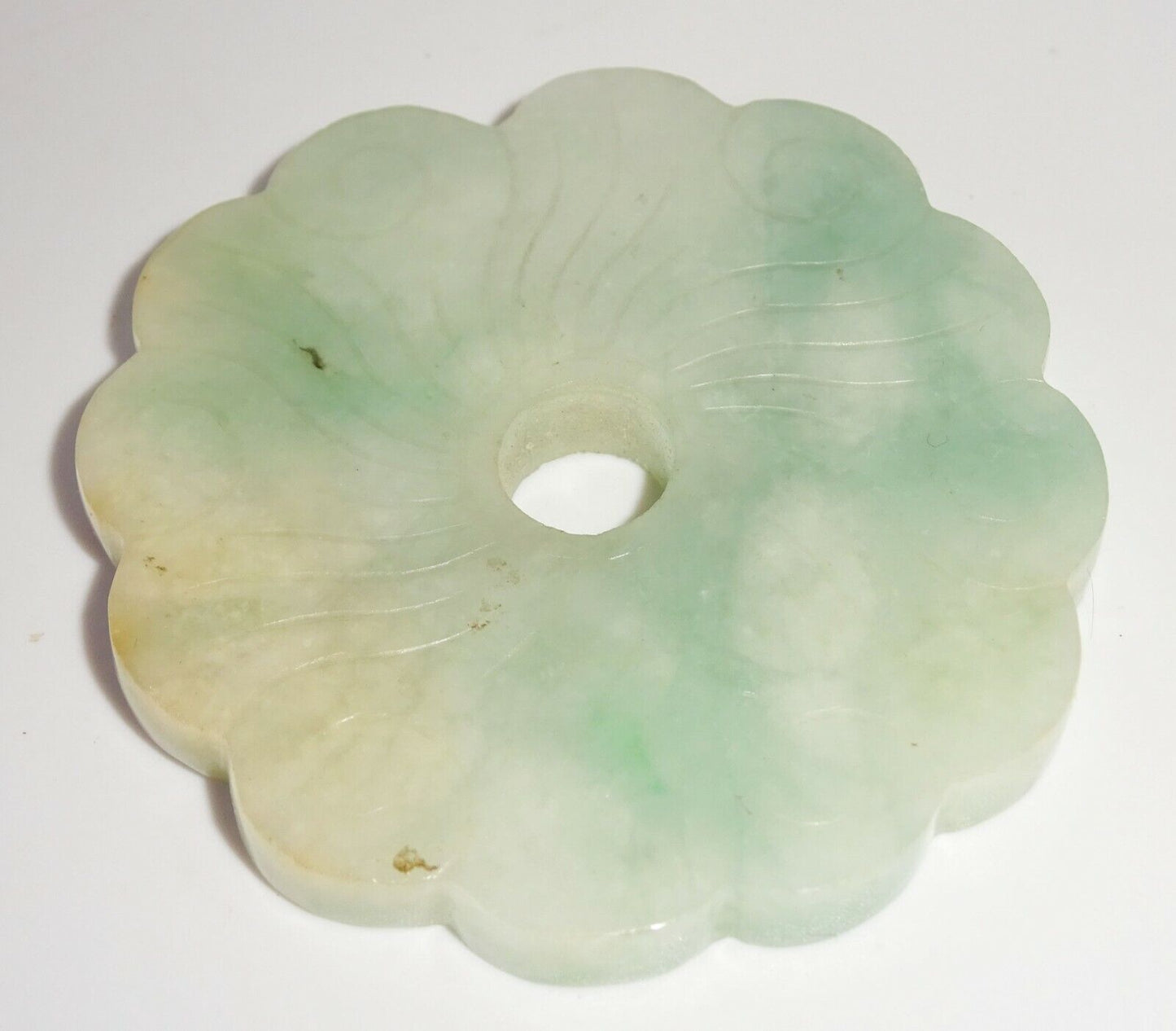 20C Chinese Mottled Jadeite Jade Incised Flower Motif Disk Carving (FeO) #37b