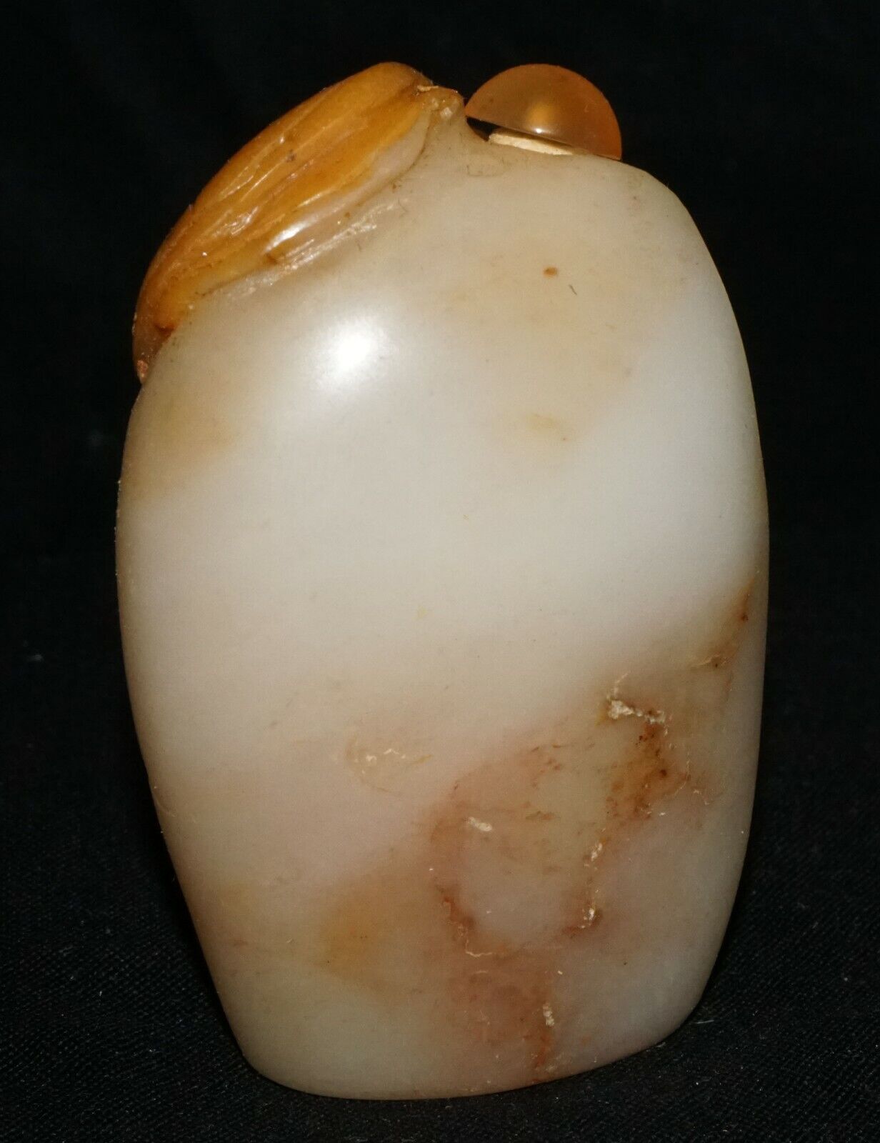 Chinese White Jade Pebble Carved Snuff Bottle w. Laughing Buddha Motif (LeS) G2