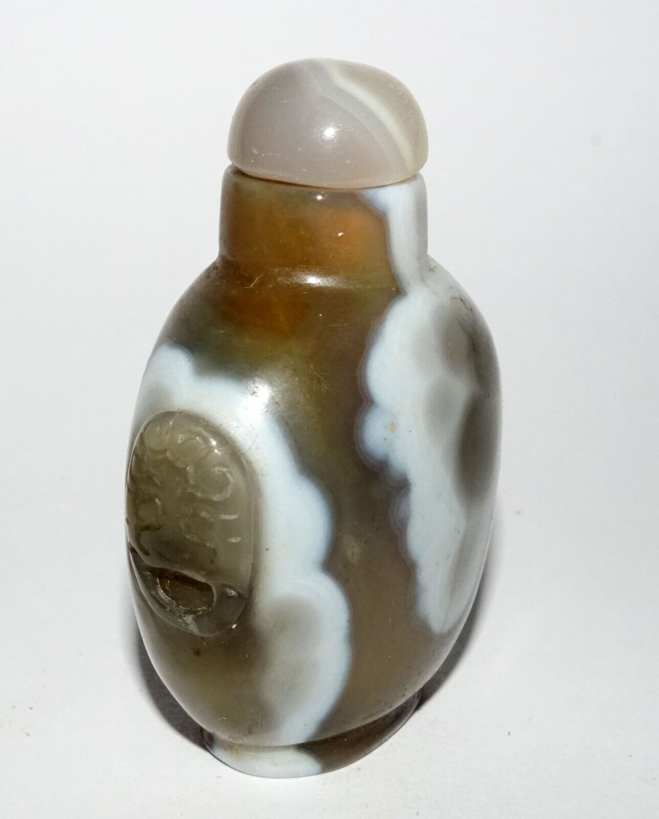 Vintage Chinese Agate Carved Snuff Bottle w. Mask Handles & Stopper (LeS) G1