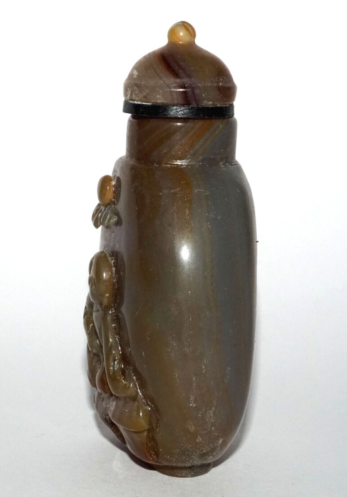 Vintage Chinese Agate Carved Snuff Bottle w Boy in Garden Relief Motif (LeS) G12