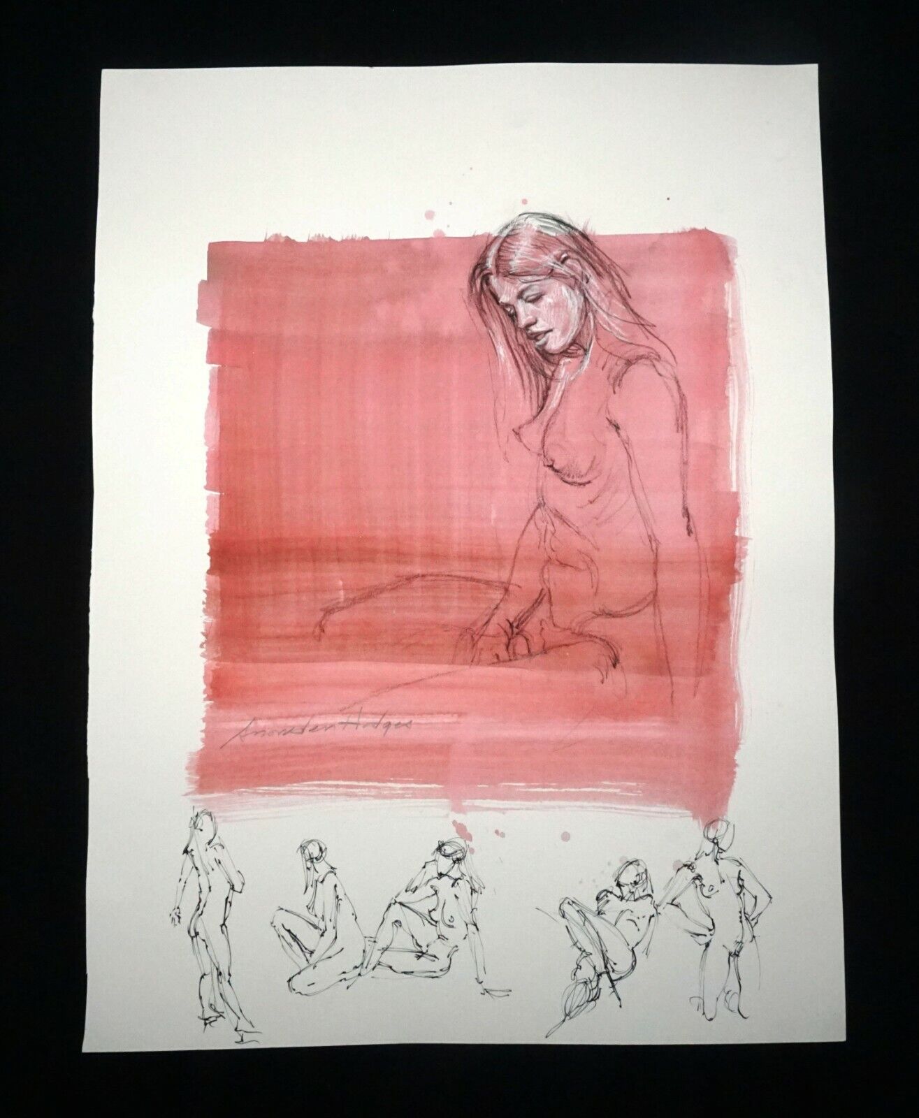 Hawaii Mixed Media Wash Painting Seated Female Nude Snowden Hodges (Sho)#111