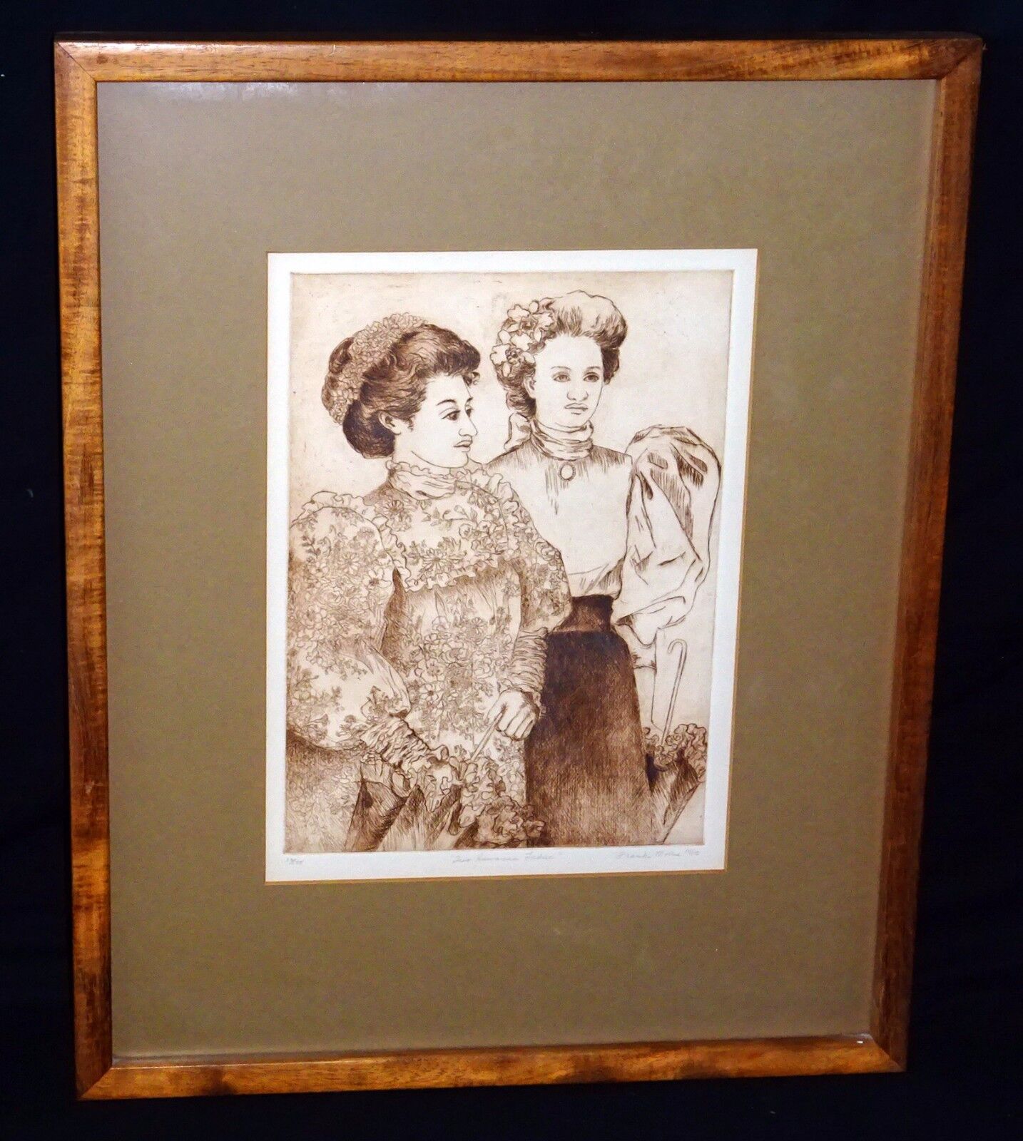 '80 Hawaii Sepia Etching Print 10/175 Two Hawaiian Ladies by Franki Morris (Wil