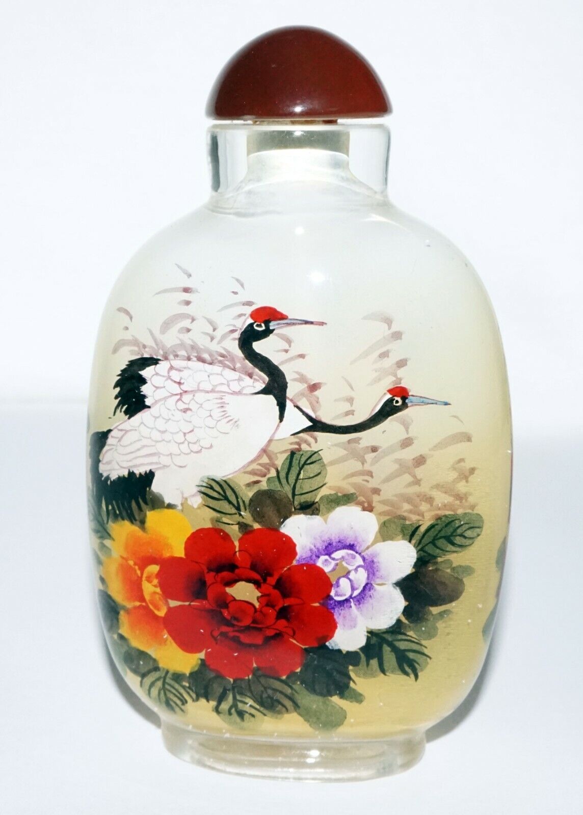 Vintage Chinese Reverse Painted Glass Snuff Bottle w. Birds & Flowers (LeS)