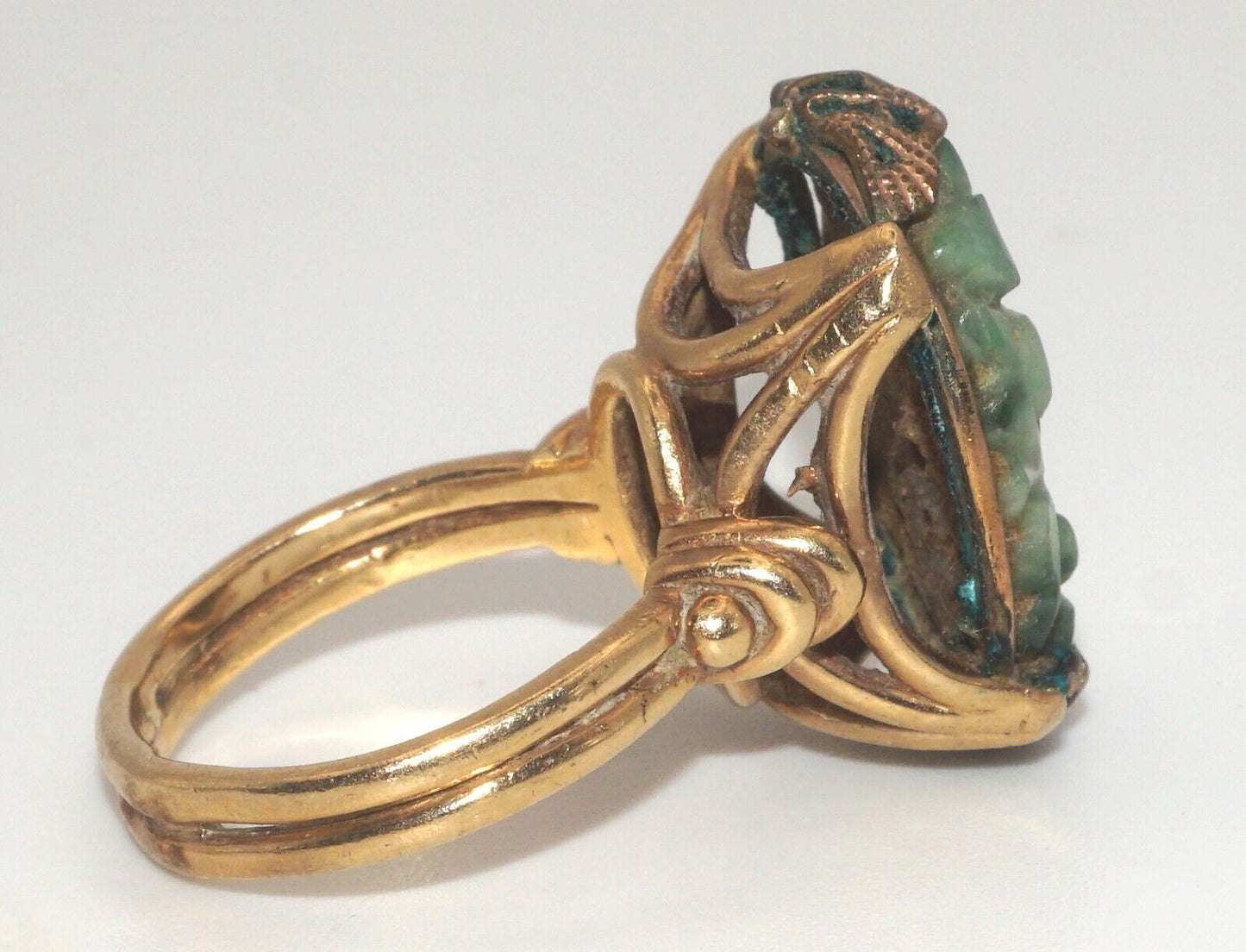 Vintage 14k Yellow Gold Filigree Ring Sz. 7 1/4 w Carved Floral Jadeite (LeD)