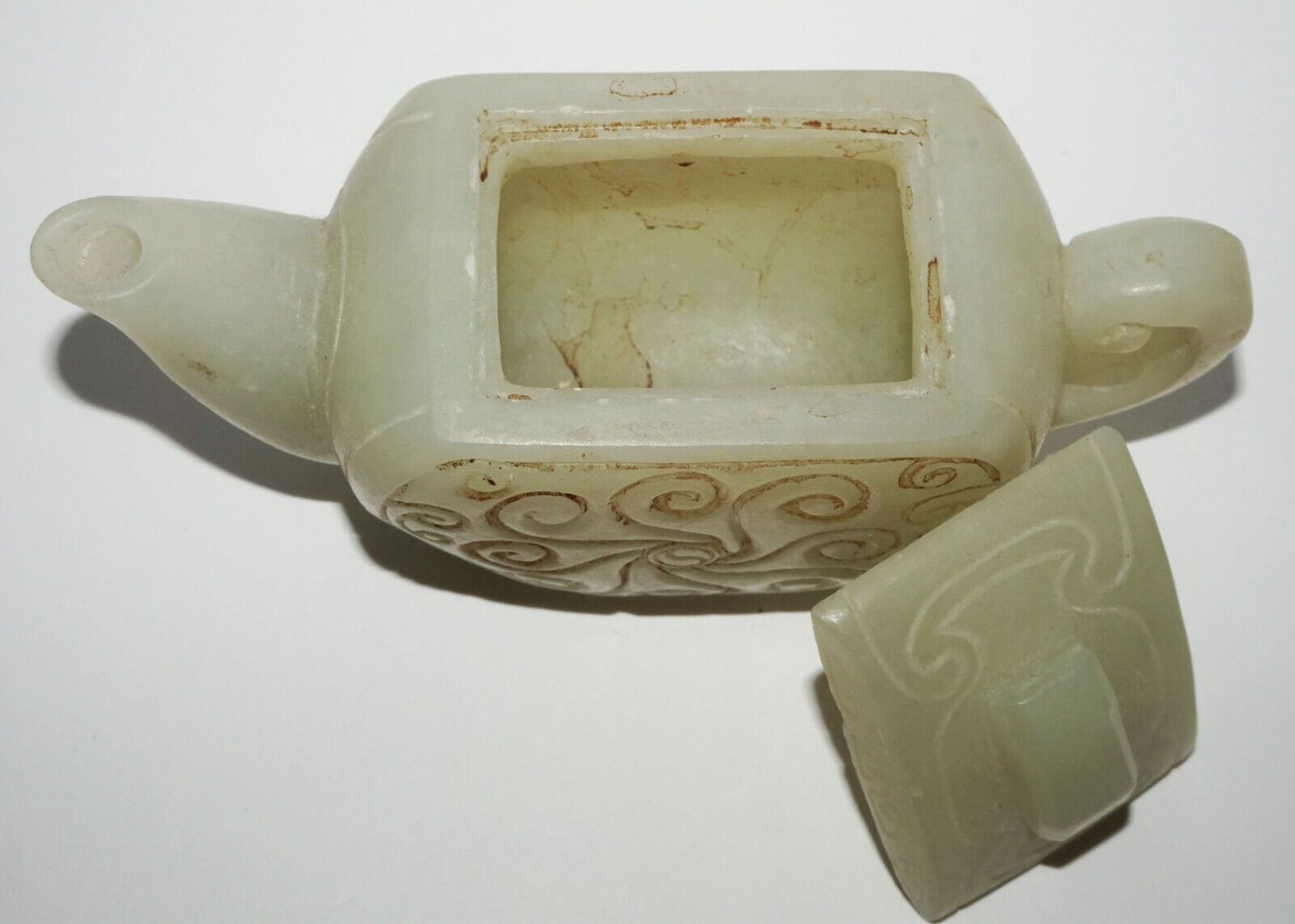 Vintage Chinese Nephrite Jade Carved Tea Pot w Incised Curvilinear Motifs (LeS)