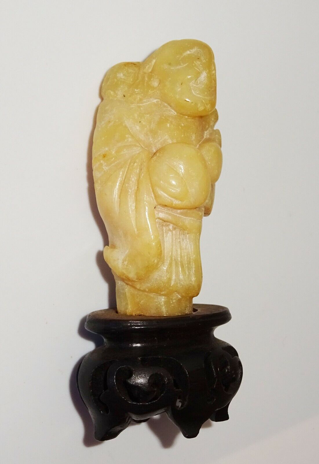 19/20C Chinese Yellow Jade Carving Deity & Gourd on Fitted Stand (FeO)#39