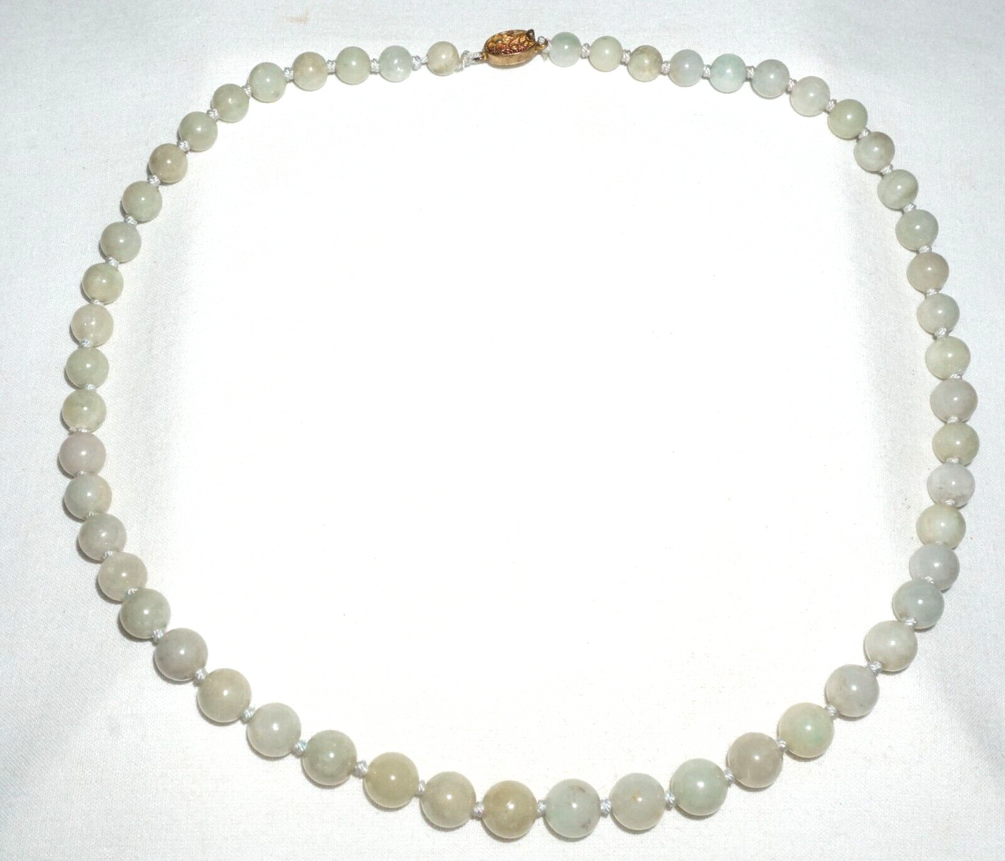 Vintage Chinese Grey Green Jadeite Jade Bead Necklace w. Silver Clasp (---)#2