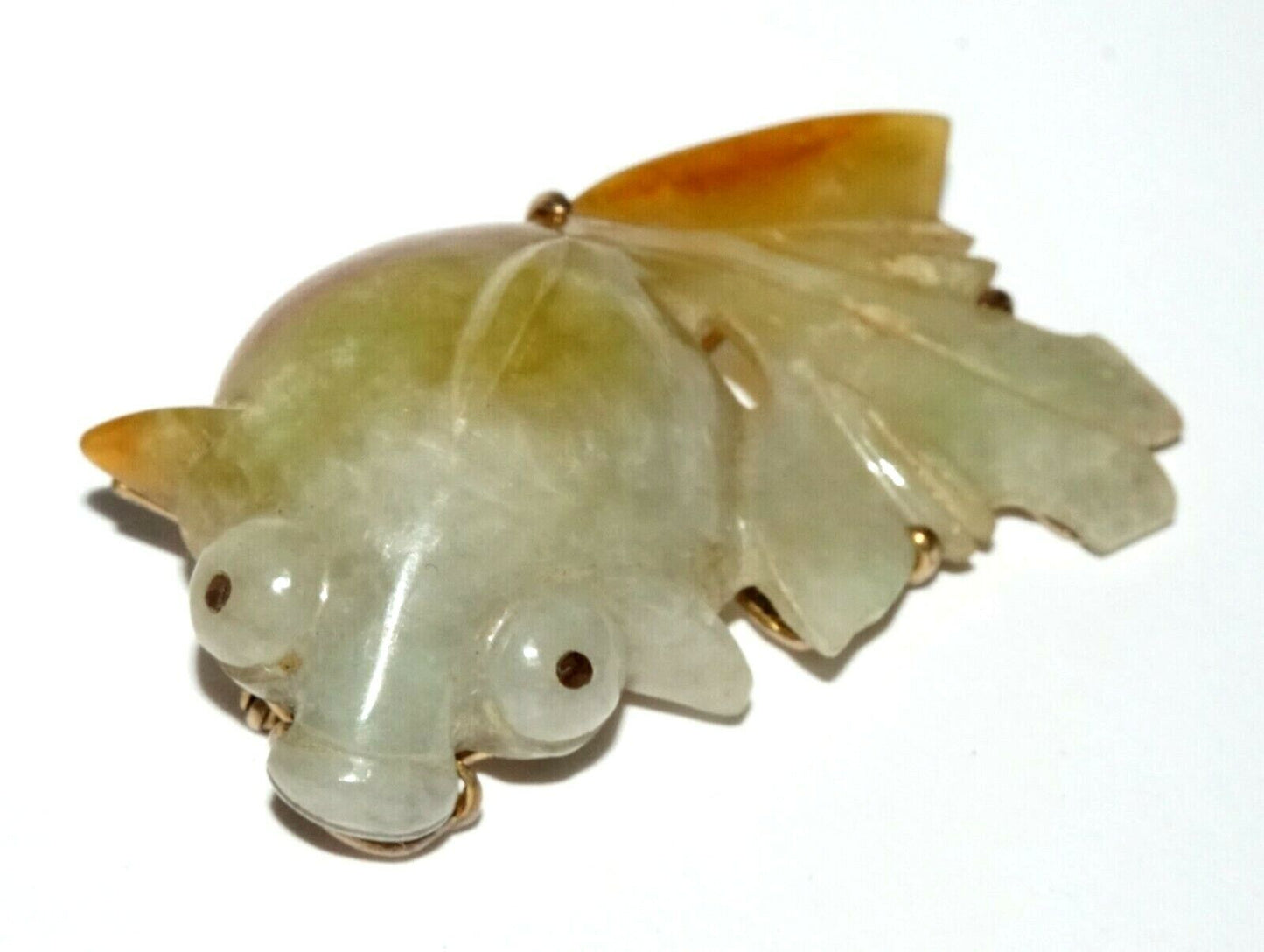 Vintage Chinese Yellow Gold set Brooch w. Jadeite Jade Goldfish Motif (LeS) G6