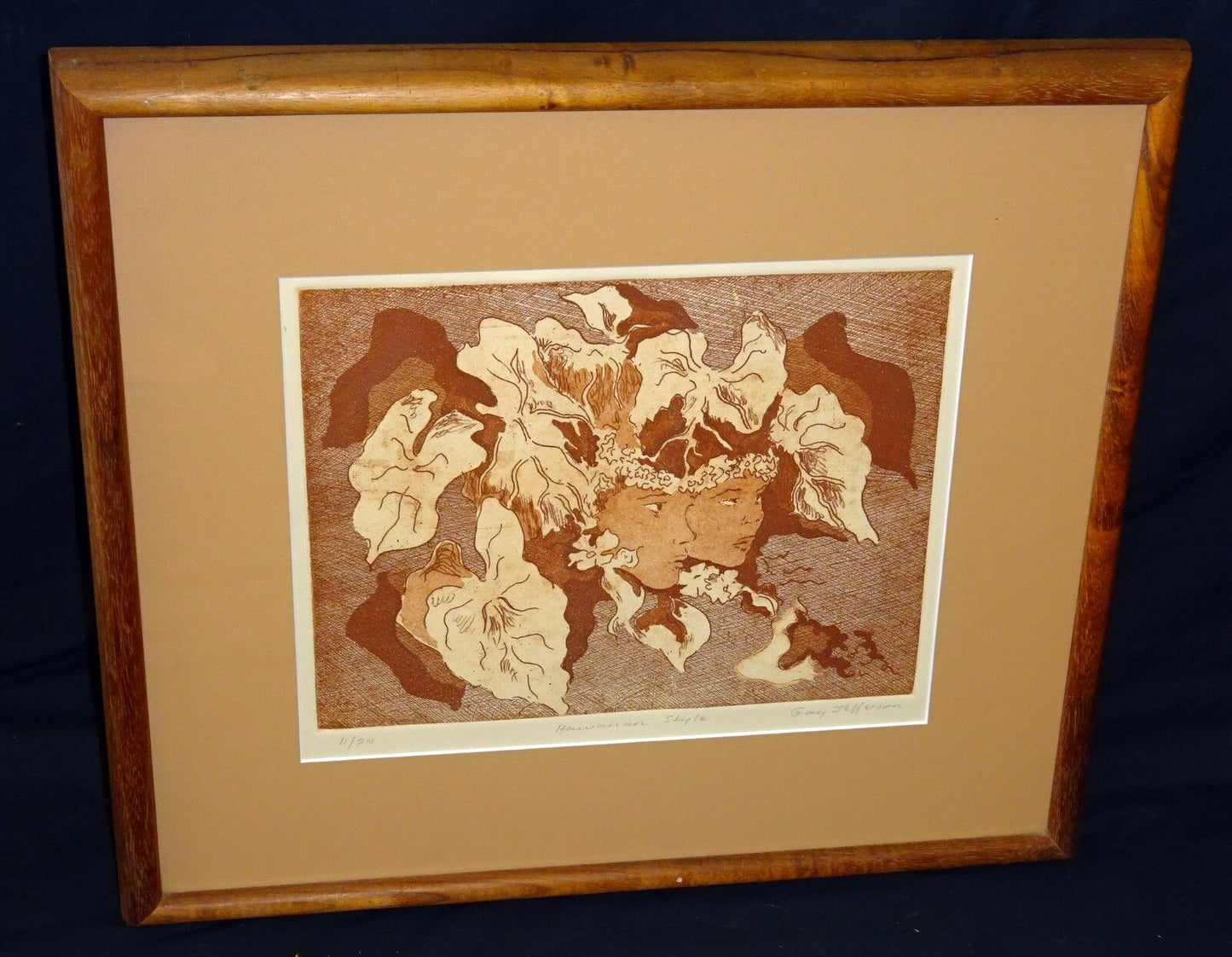 '80s Hawaii Sepia Etching Print 11/20 "Hawaiian Style" by Gay Jefferson (Wil)