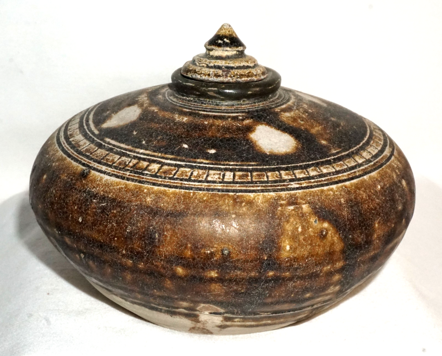 12C Antique Cambodian Khmer Brown Glaze Stoneware Covered Pot or Jar (JSt) 27