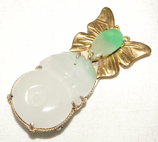 Vintage Chinese Fashion Jadeite Jade Butterfly Motif Brooch Pendant (LeP)