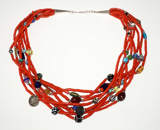 US Aboriginal Natural Fiber 8xStrand Red & Glass Trade Bead Necklace (RgR)