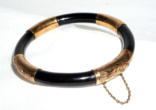 Vintage 14k Yellow Gold Hinged Black Coral Bangle Bracelet 51mm Inside