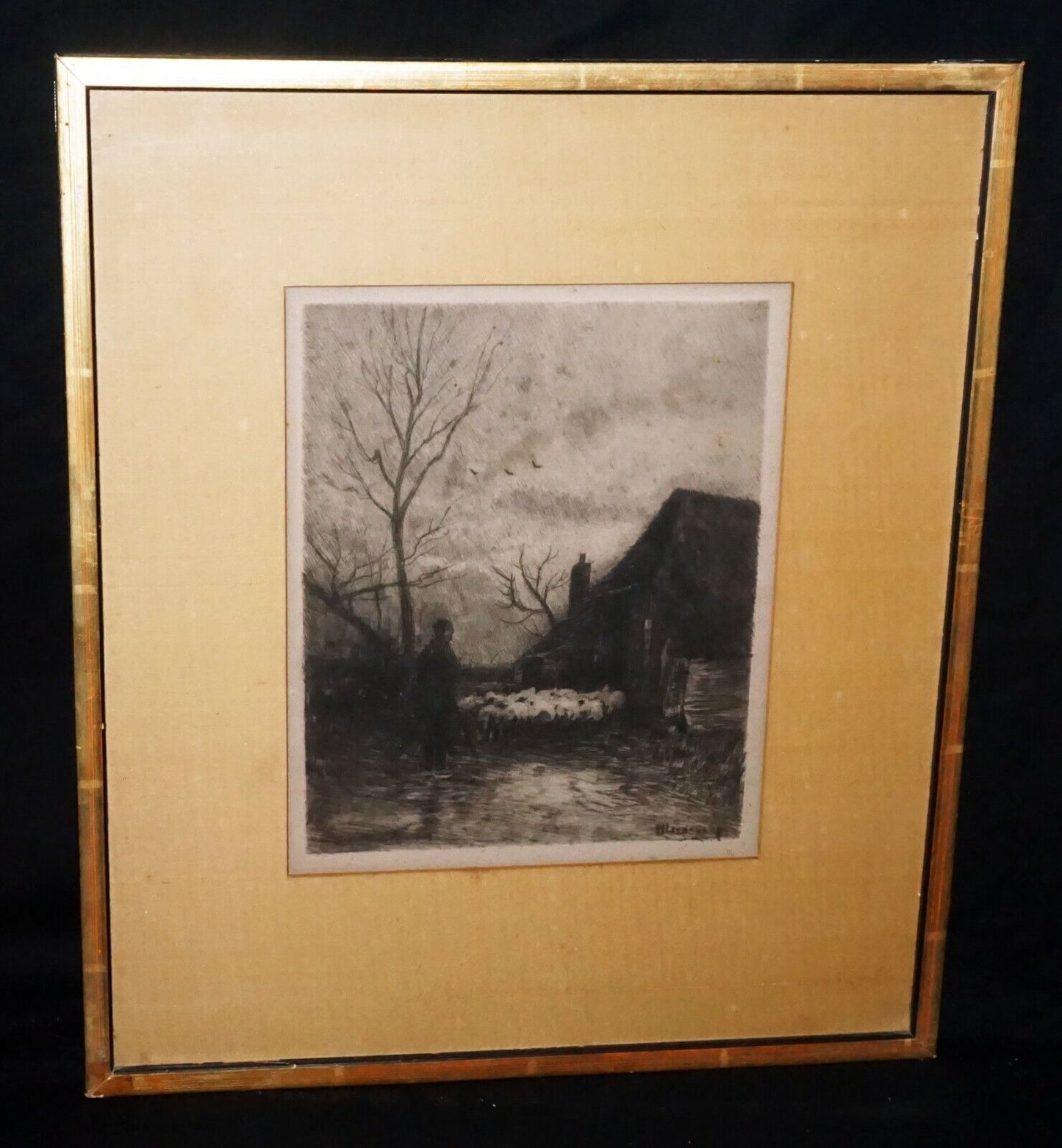 1890s German Etching Print Shepherd before Dawn Helmut Liesegang (1858-1945)(***