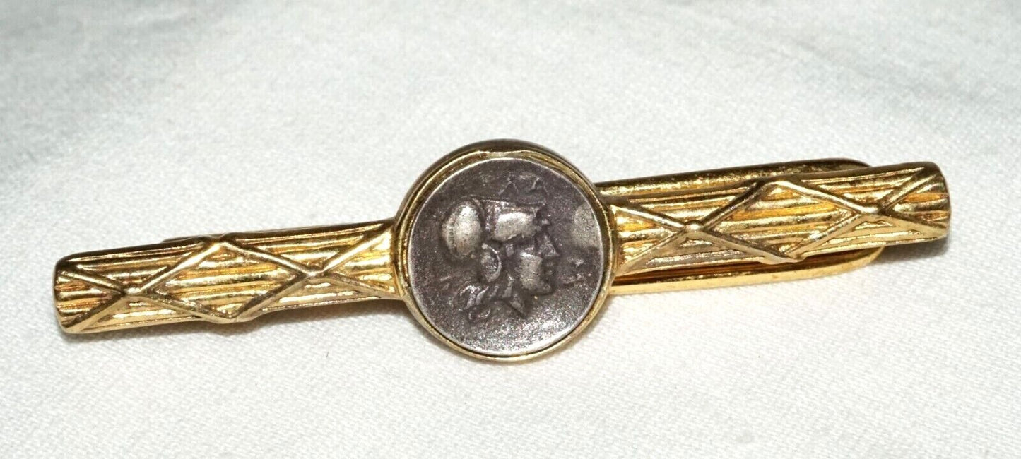 Vintage Gold Plated Sterling Silver Tie Bar w. Bezel set Greek Coin Accent (AHB