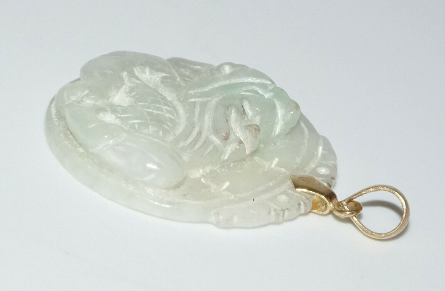 Chinese White & Green Pierced Jadeite Jade Dragon Motif Plaque Pendant (SaR)#289