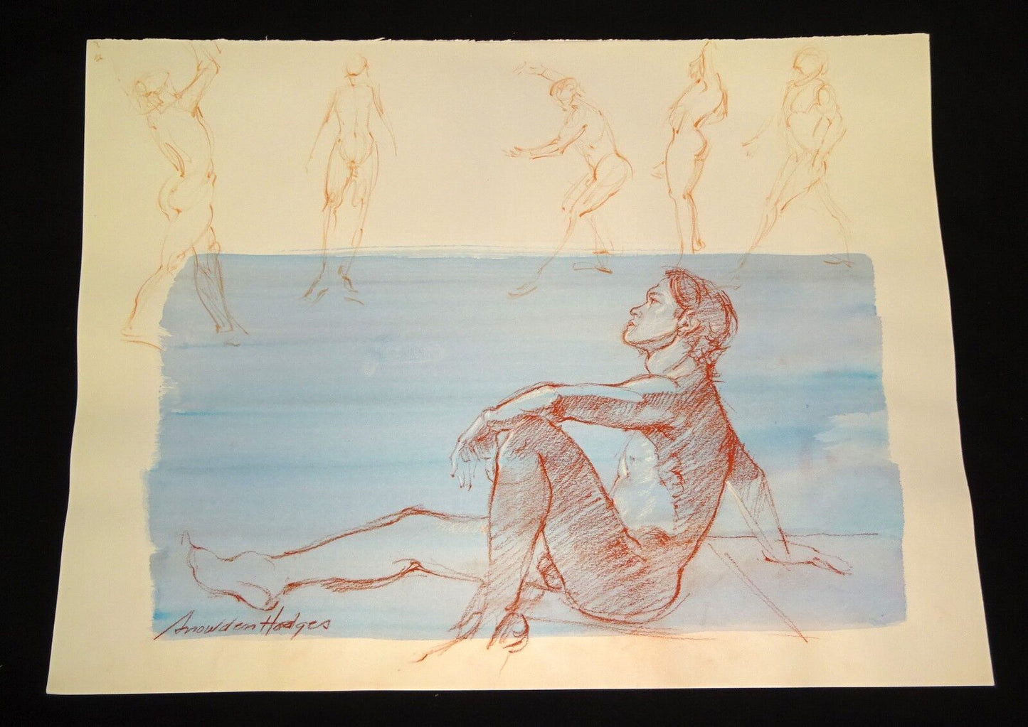 Hawaii Conte Color Wash Drawing Painting Male Nude by Snowden Hodges (Sho)