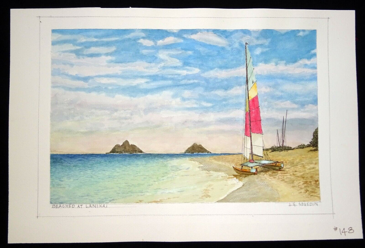 Hawaii Watercolor Painting "Hobie Cat Beached at Lanikai Beach" L. Segedin #148