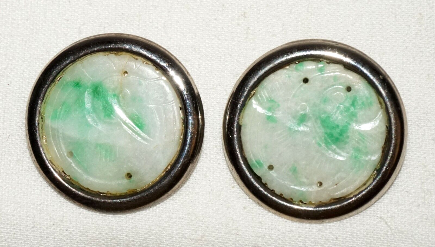 Vtg Sterling Silver White & Apple Green Jadeite Jade Button Ear Clips (LeS)L24