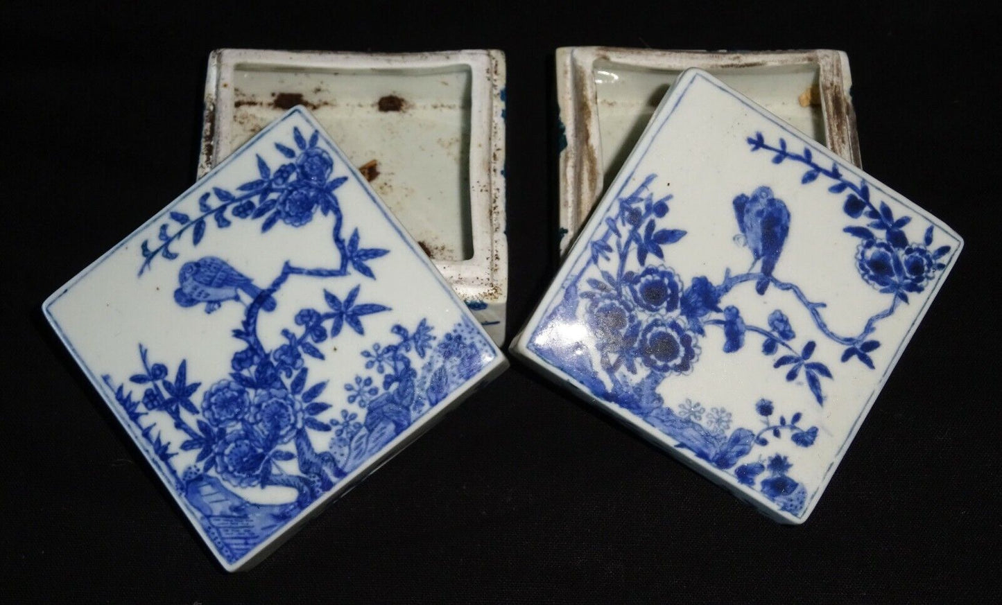 Pair 19C Chinese Blue & White Square Porcelain Boxes Bird & Flower Motif (HeN)