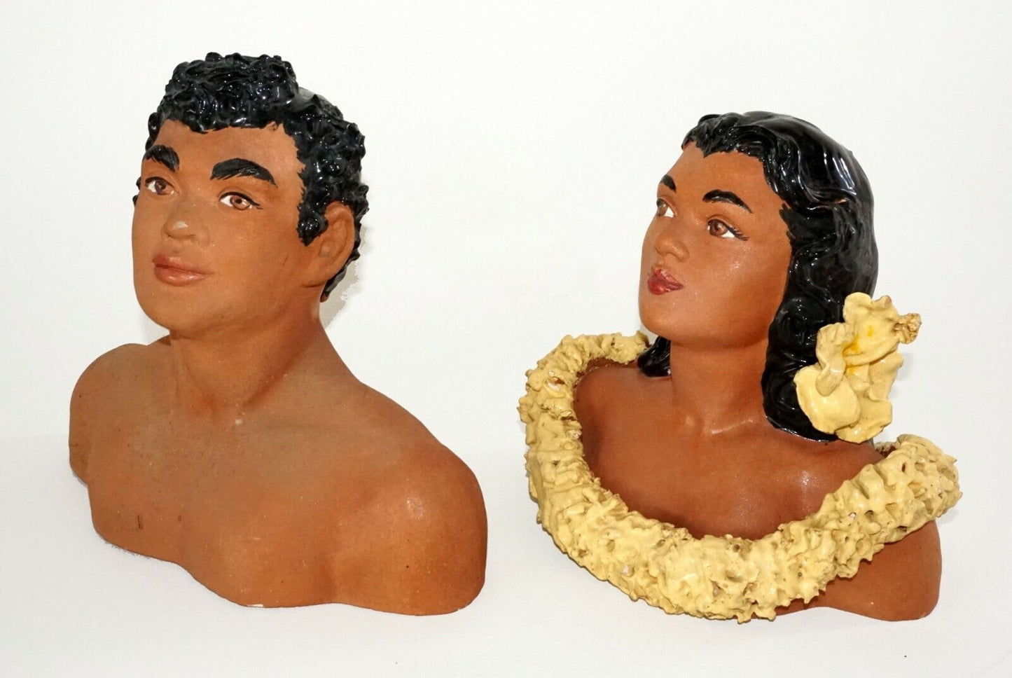 1950s Hawaii Painted Pottery Busts Kane & Wahine by Julene Honolulu Repair (BeG)