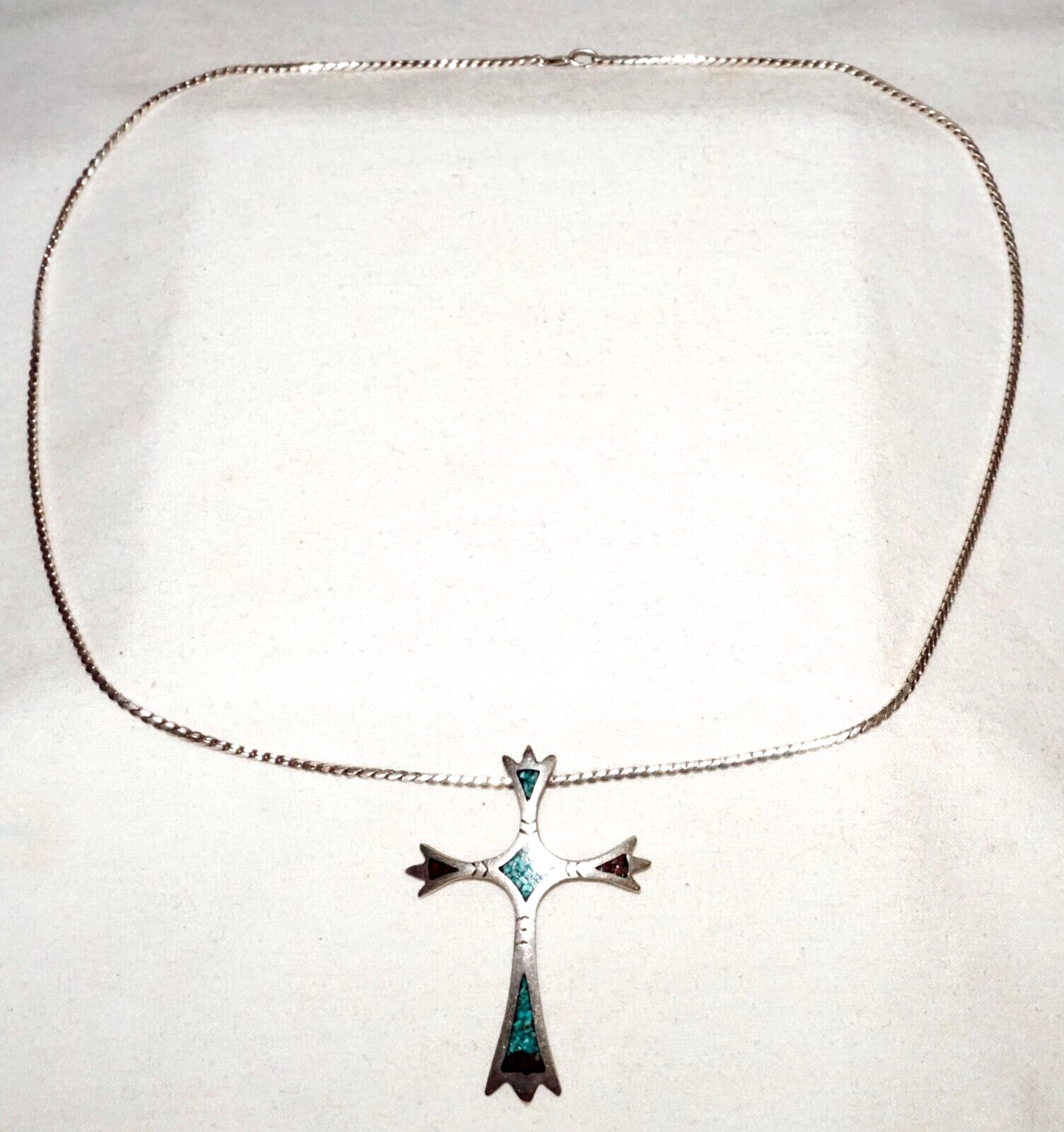 Vtg S.W. US Sterling Silver Necklace & Cross Pendant w. Turquoise & Coral (BeM)