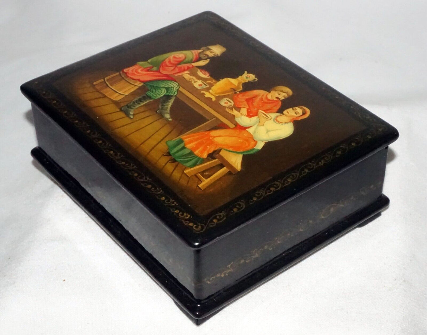 Vintage Russian Lacquer Box Three Figures Seated Around a Table signed (AHB)