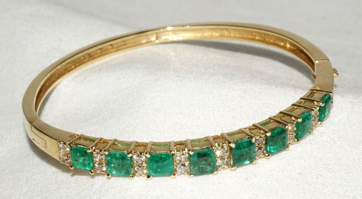 14k Yellow Gold Hinged Bangle Bracelet 4.49ct. Emeralds & 18x Diamonds (GoB) #32