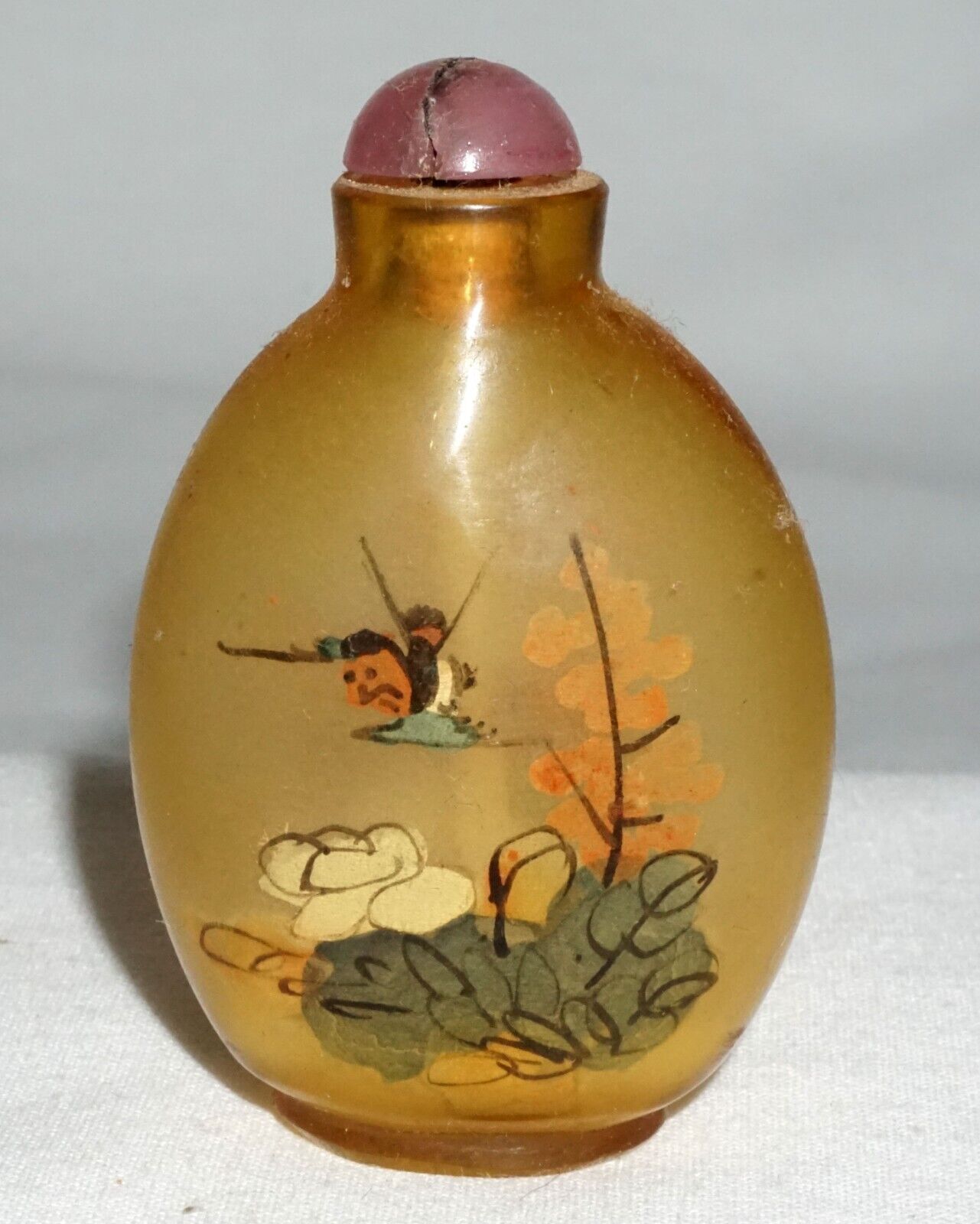 Vtg Chinese Reverse Painted Glass Snuff Bottle w Birds & Insects Motif (LLA) IC