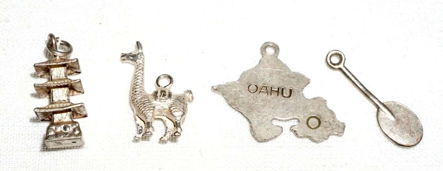 4Pc Vintage Silver Hawaii & World Mini Pendants Charms Oahu Paddle etc (BrM) L17